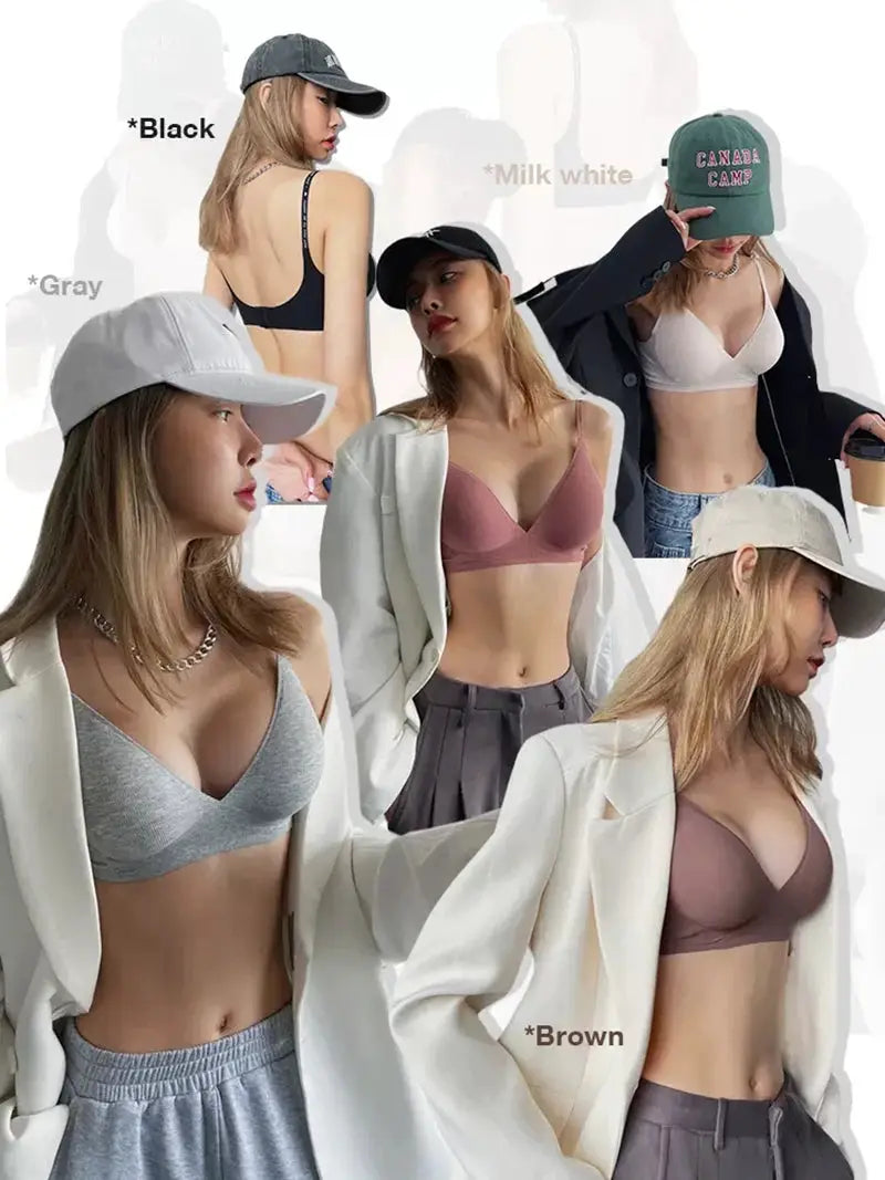 FINETOO wireless deep-V padded bralette; collage shows five colors: black, gray, milk white, brown, pink