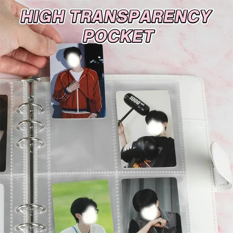 Simples Market A5 photocard binder with PU leather cover and 25-page 4-grid transparent pockets for idol cards.