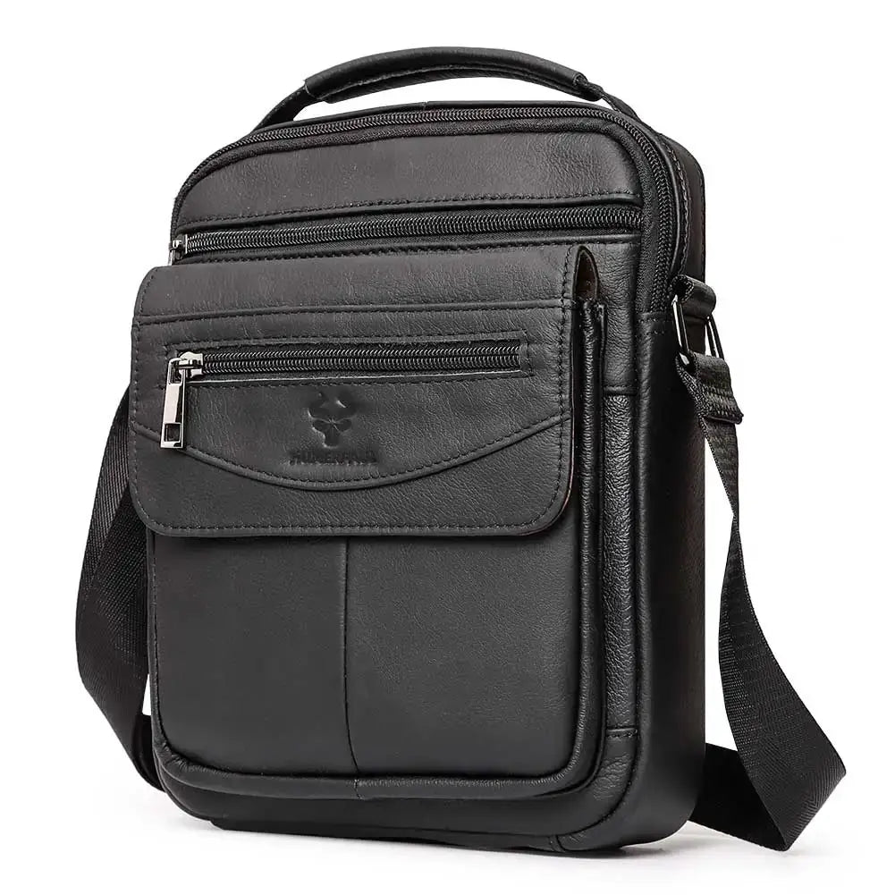 HUMERPAUL genuine leather small messenger bag for men by Simples Market, black crossbody with front zip pocket.