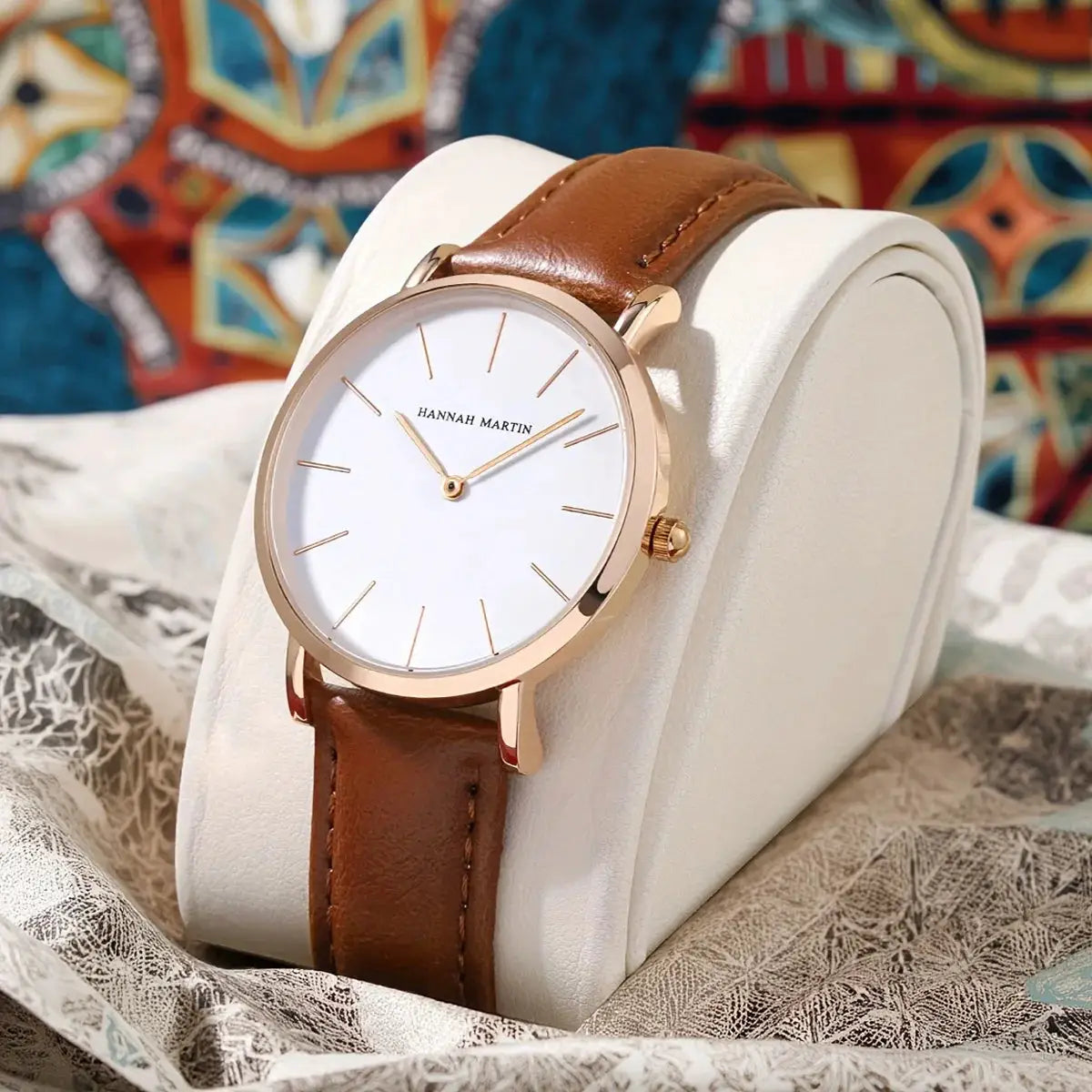 HANNAH MARTIN watch with rose-gold case, brown leather strap, minimalist white dial
