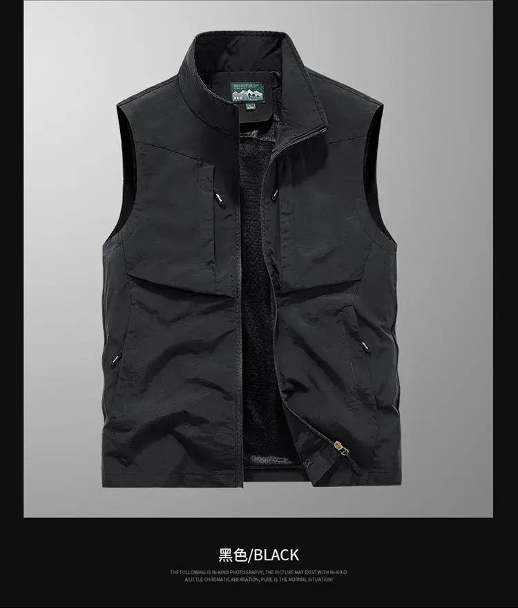 Simples Market men's black outdoor cargo vest, sleeveless, lightweight breathable mesh, zip pockets