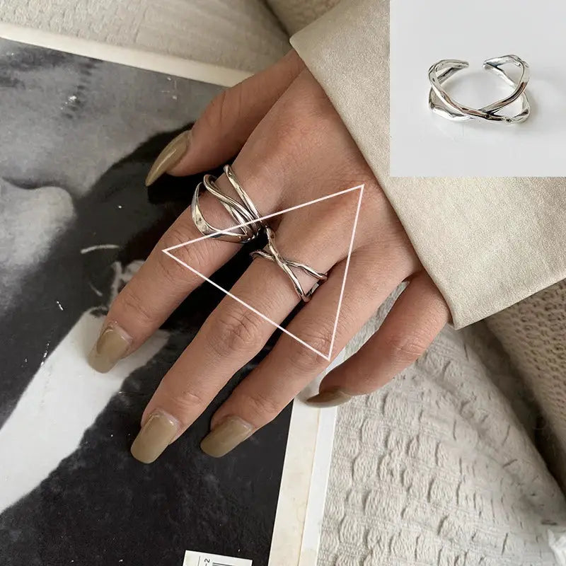 Ventfille 925 Sterling Silver Rings Fashion Hip Hop Vintage Couples Hollow Lines Punk Silver Party Adjustable Jewelry