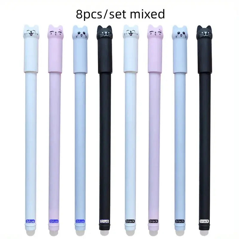 Simples Market 8pc cat-themed erasable gel pen set with cat-head caps, 0.5mm blue/black ink