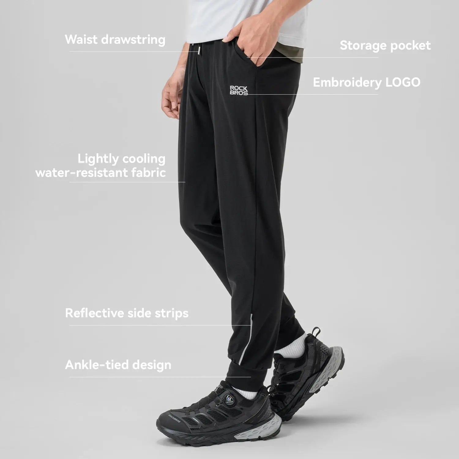 ROCKBROS black summer sport pants with waist drawstring, water-resistant fabric and embroidered logo