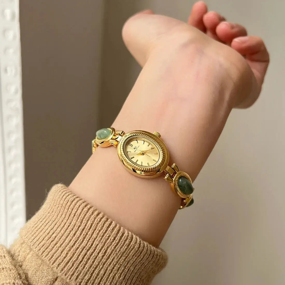 JadeLux Womens Green Jade Bracelet Wristwatch With Elegant Quartz Movement And Water Resistant Oval Case