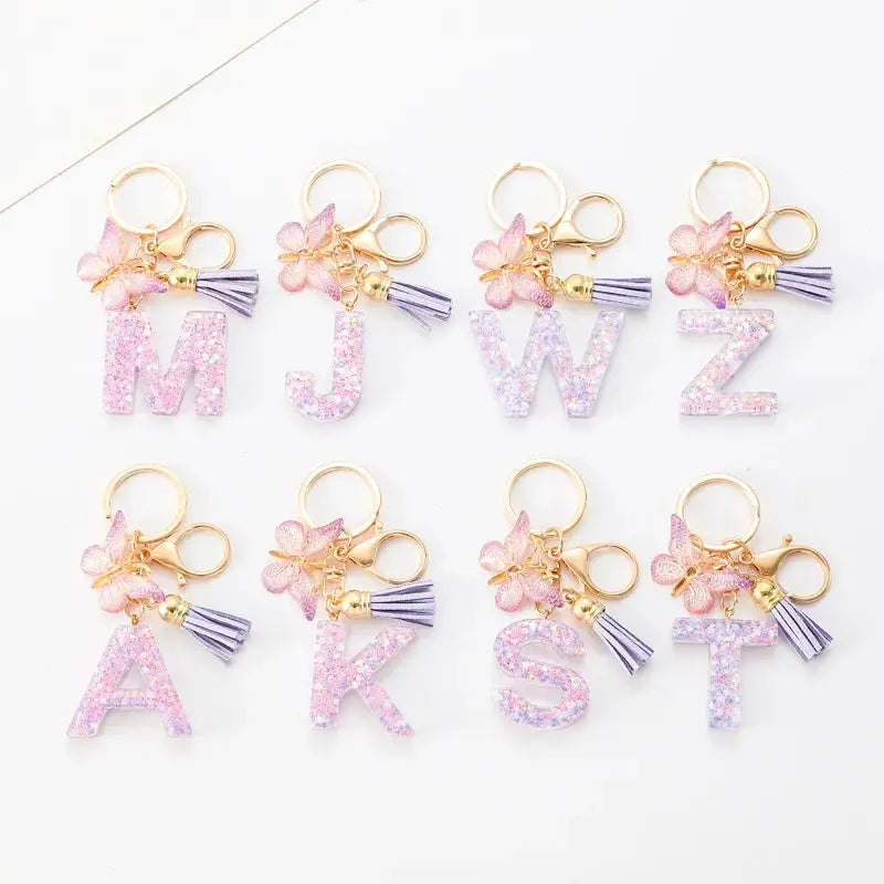 Sequin Letters Keychain For Women With Tassel Butterfly Pendant Initial Key Ring Purse Charm Car Key Chain Accessories