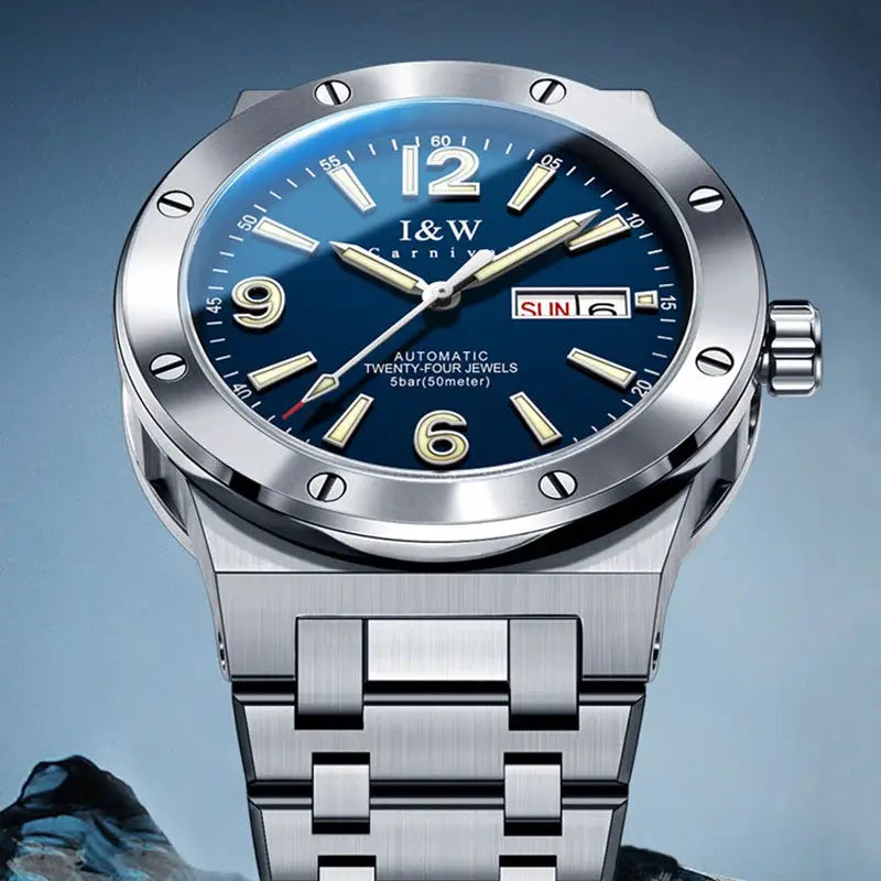 Men's luxury IW Carnival watch, blue dial, stainless steel, automatic movement, day-date, 50m water resistant.