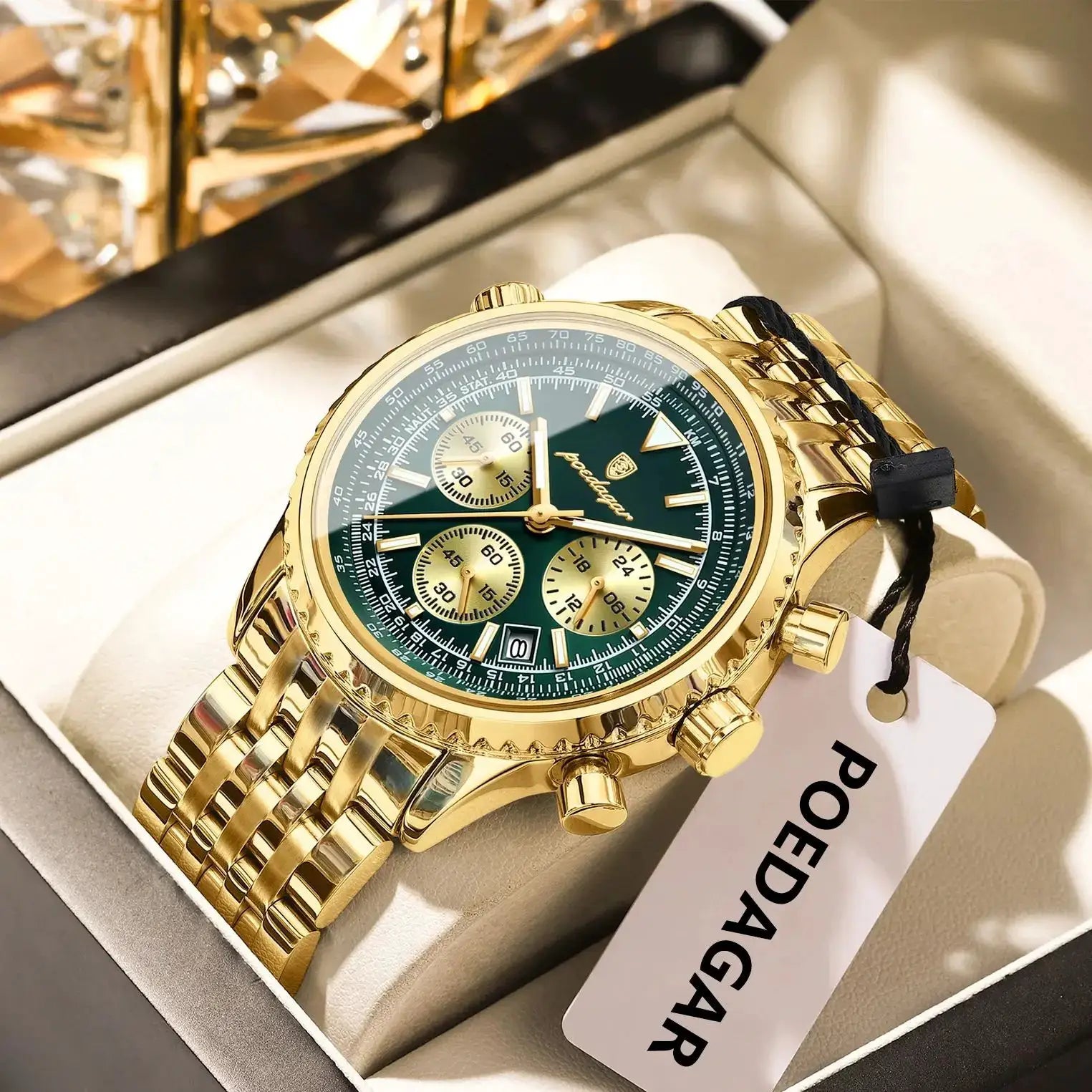 POEDAGAR gold stainless steel chronograph men's wristwatch with green dial and date