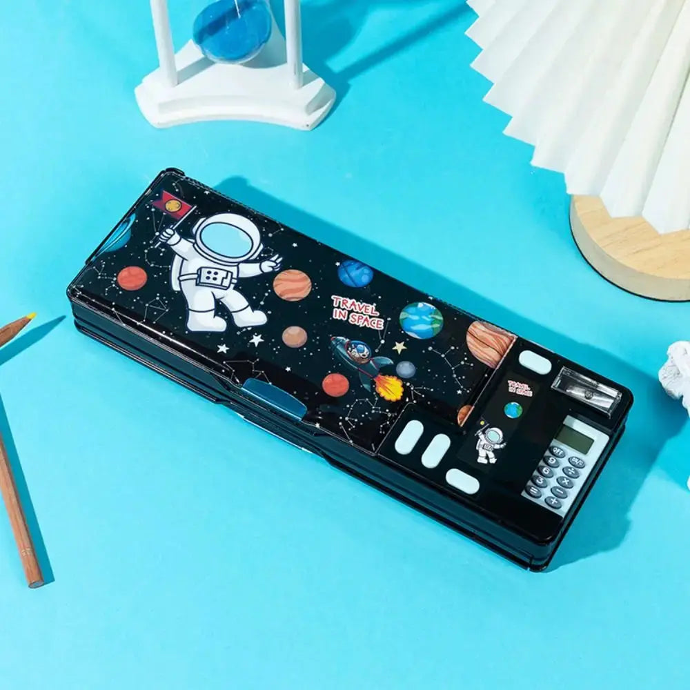 Black double-layer pencil case with built-in calculator, astronaut space design, plastic storage box