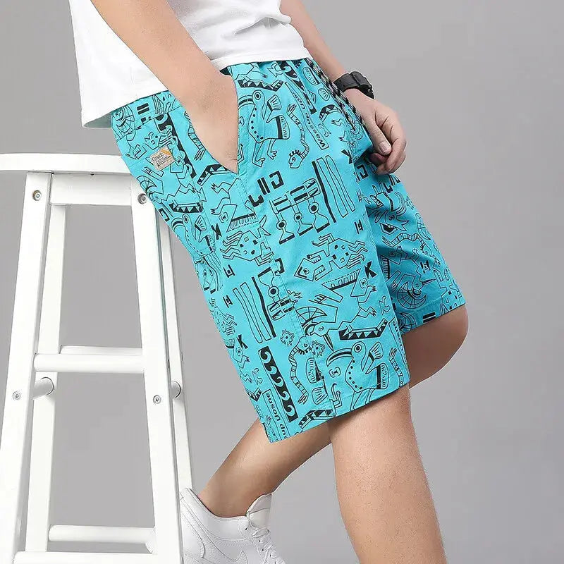 Mens 100% cotton turquoise printed shorts with elastic waist and pockets, Simples Market beach/running shorts