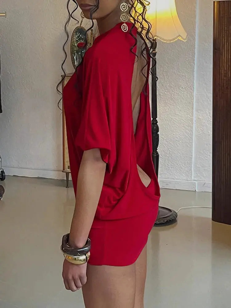 Nibber O Neck Sexy Backless Mini Dress For Women Y2K Solid Trend Style