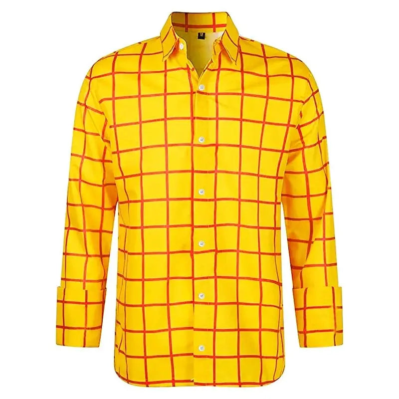 Men's long-sleeve plaid shirt in bright yellow with red grid lines