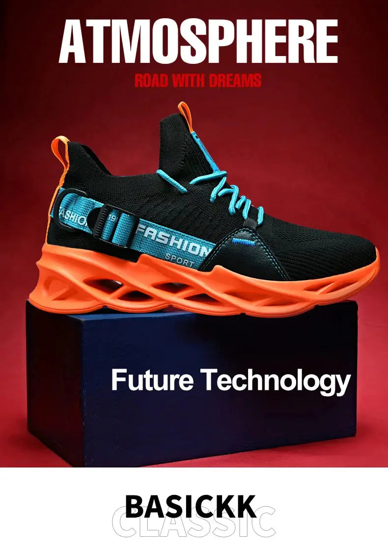 Sneakers with black mesh upper, blue laces and thick orange sole.