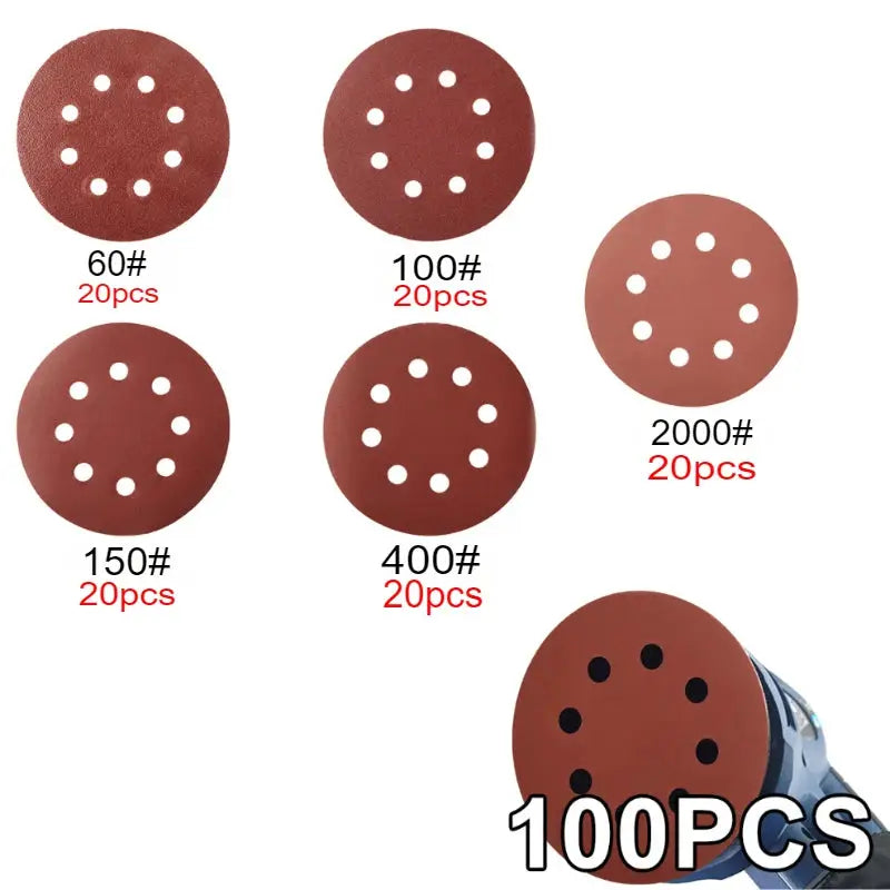 100 Pieces 5 Inch 8 Hole Alumina Sanding Discs For Metal Wood Glass Car Polishing Abrasive Tool