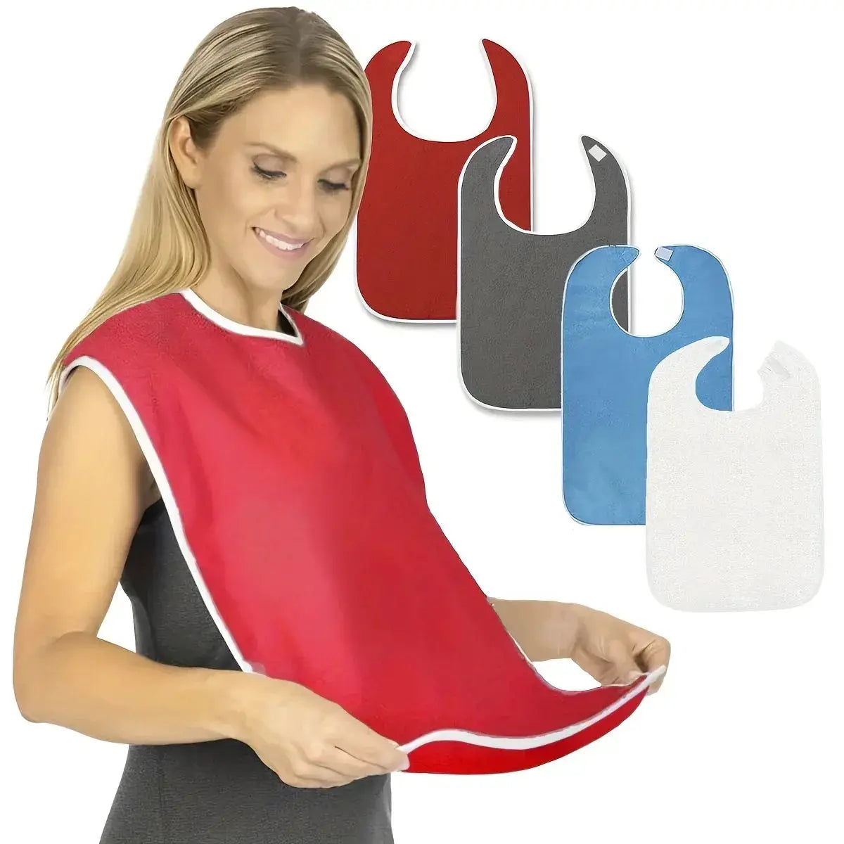 Waterproof adult bib apron by Simples Market; red bib worn by person, with gray, blue, white bibs shown (4 total).