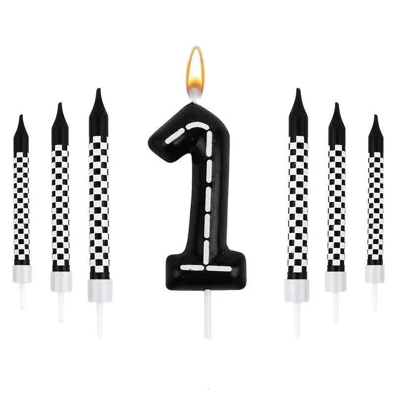 7 Piece Set Racing Car Themed Birthday Number Candles Black White Checkered Cake Topper For Kids Birthday Party