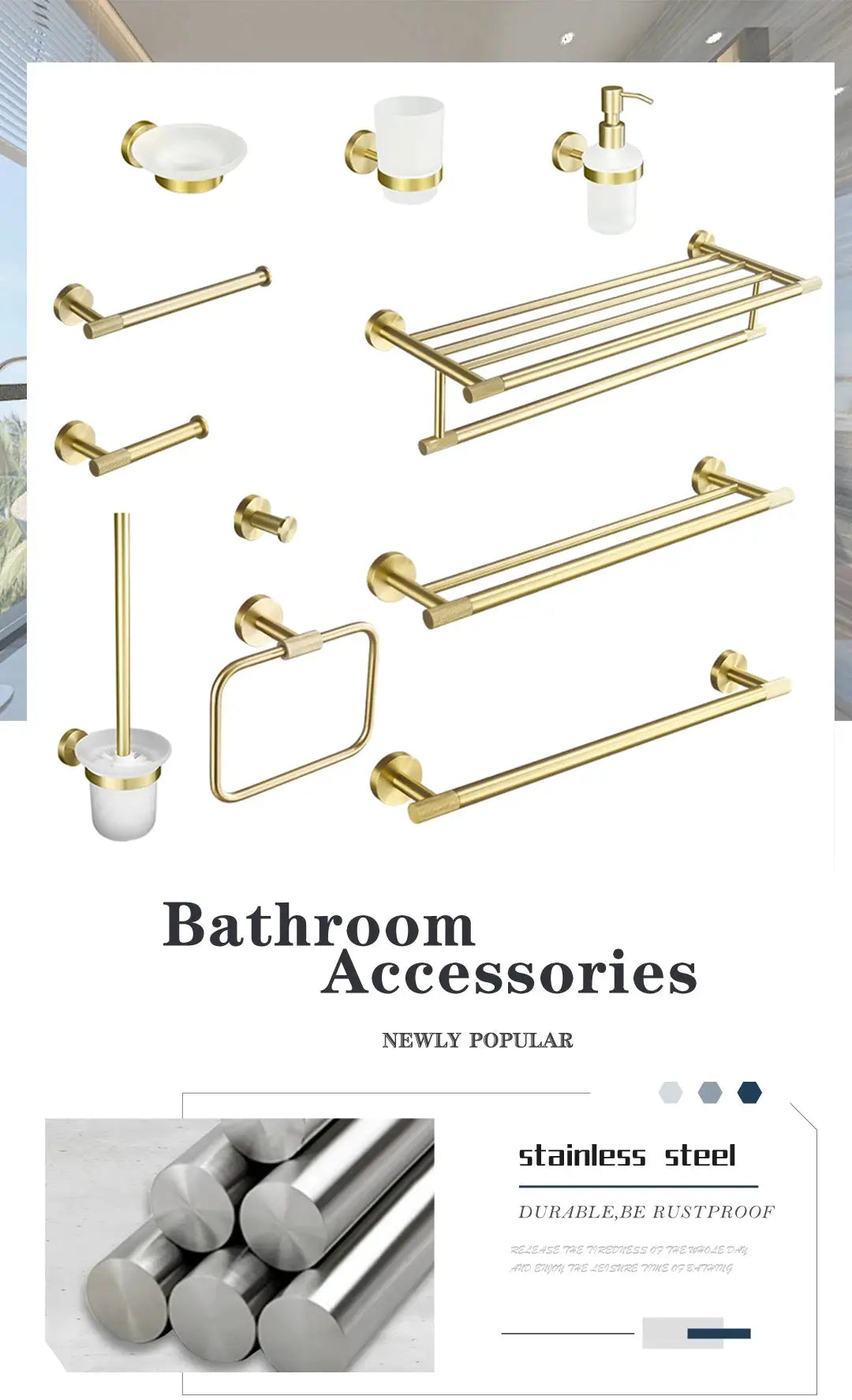 Brushed gold brass bathroom hardware set by Simples Market with towel bar, towel ring, robe hook, and paper holder
