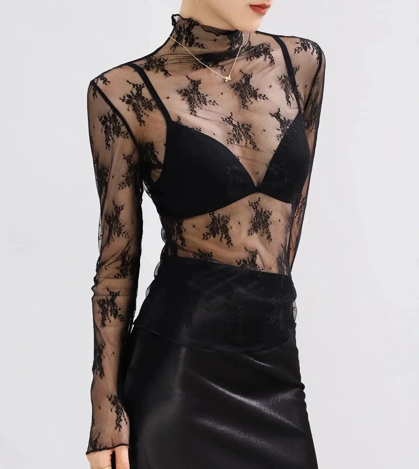 Sexy Women Mesh T Shirt See Through Top Lace Blouse Long Sleeve O Neck Sheer Crop Tee For Night Club Party