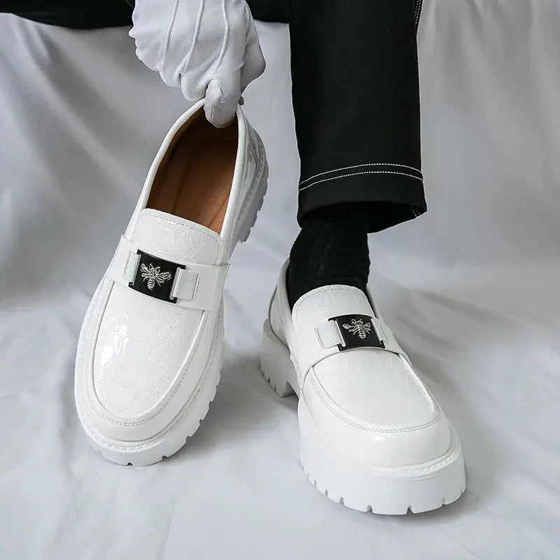Men's white crocodile-textured leather loafers with chunky sole and bee-embellished buckle, Simples Market.
