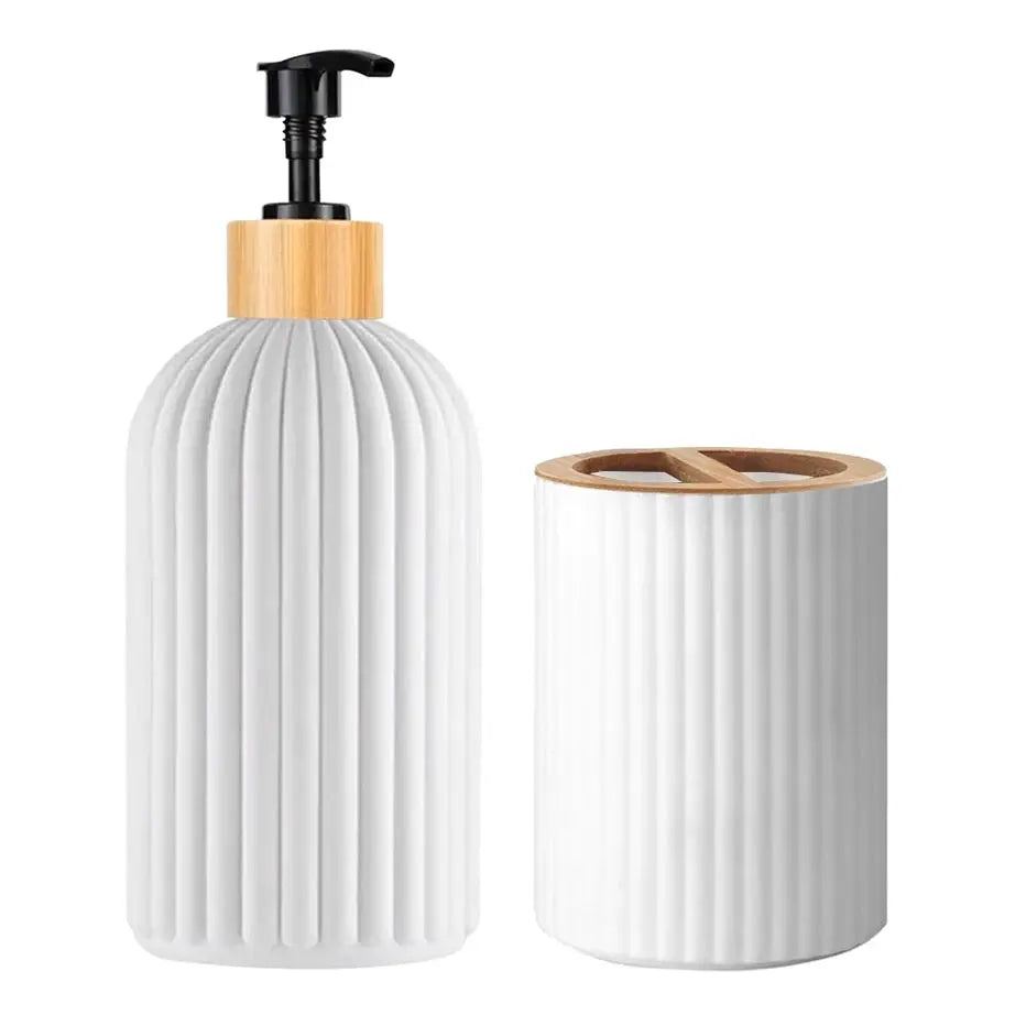 Bathroom Countertop Organizer With Hand Soap Dispenser Cotton Ball Storage And Toothbrush Holder Bamboo Accents