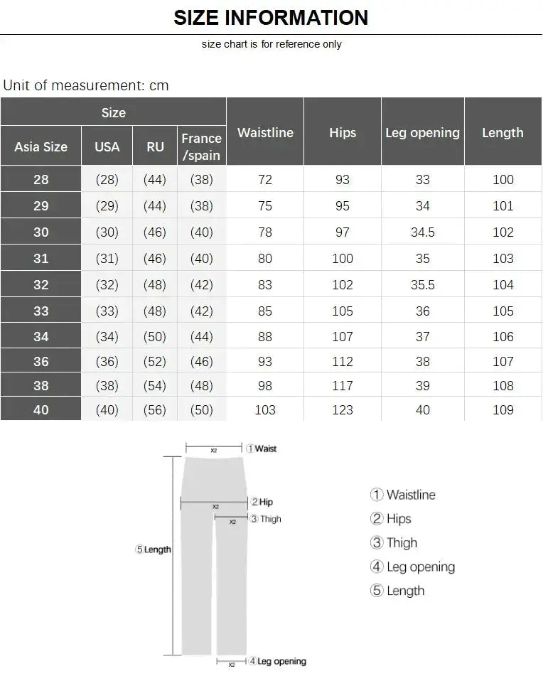 Simples Market men's black straight-stretch denim pants with thick velvet fleece lining for winter, size chart shown