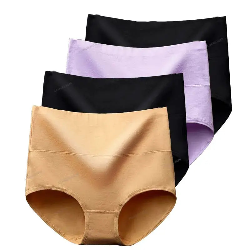 4-pack high-waist cotton panties in beige, black, lavender, and nude.