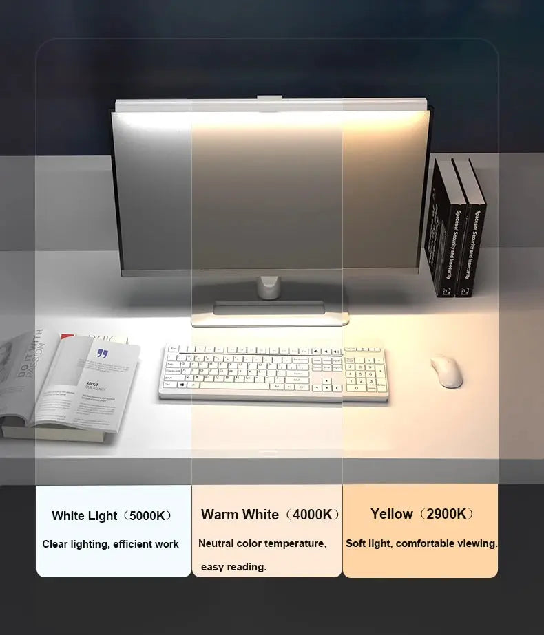 50cm monitor light bar with stepless dimming; USB desk lamp for study, showing 5000K/4000K/2900K color temps