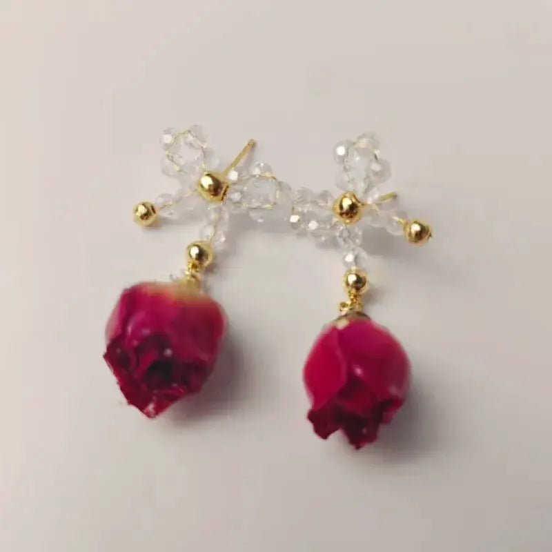Unique Red Rose Earrings by Simples Market, epoxy resin rose drops with crystal beads on gold-tone posts, 2 earrings