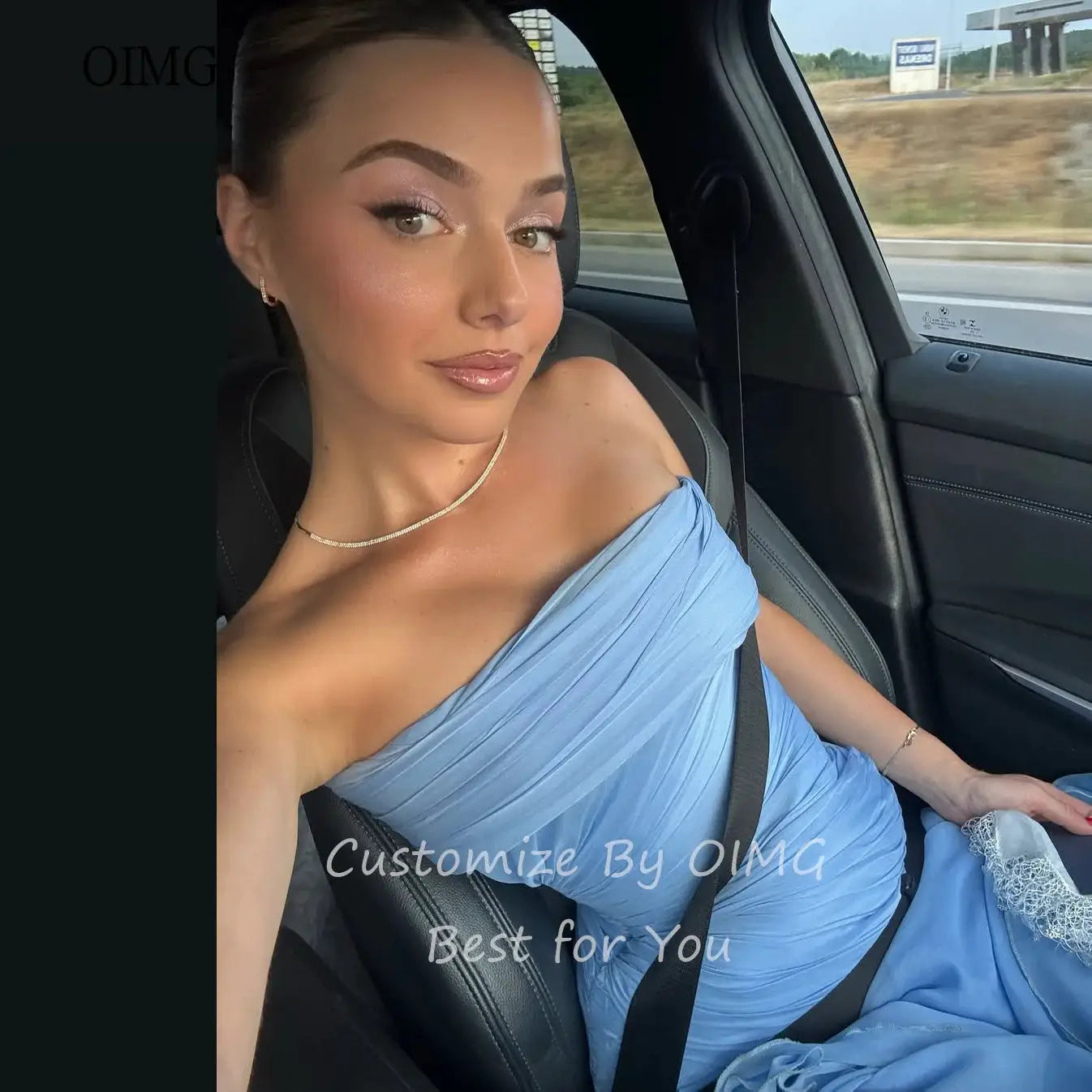 OIMG Maxi Strapless A Line Prom Gown Pleated Floor Length Dress