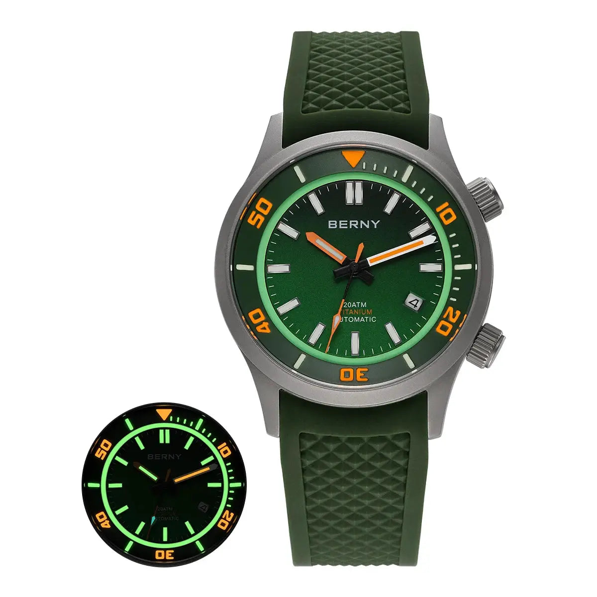 BERNY 20ATM titanium automatic diver watch for men with green dial and green rubber strap