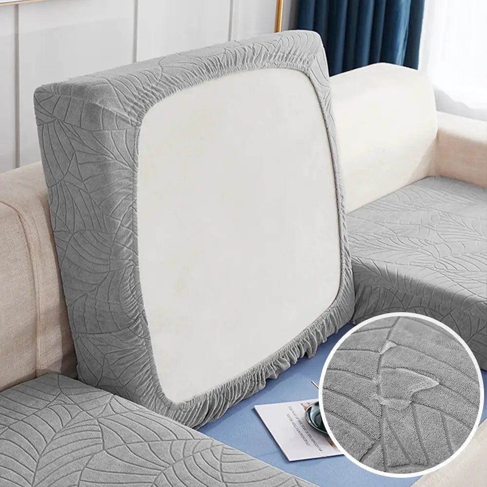 Sofa cushion covers in gray jacquard fabric, waterproof stretch by Simples Market on a chaise lounge sofa