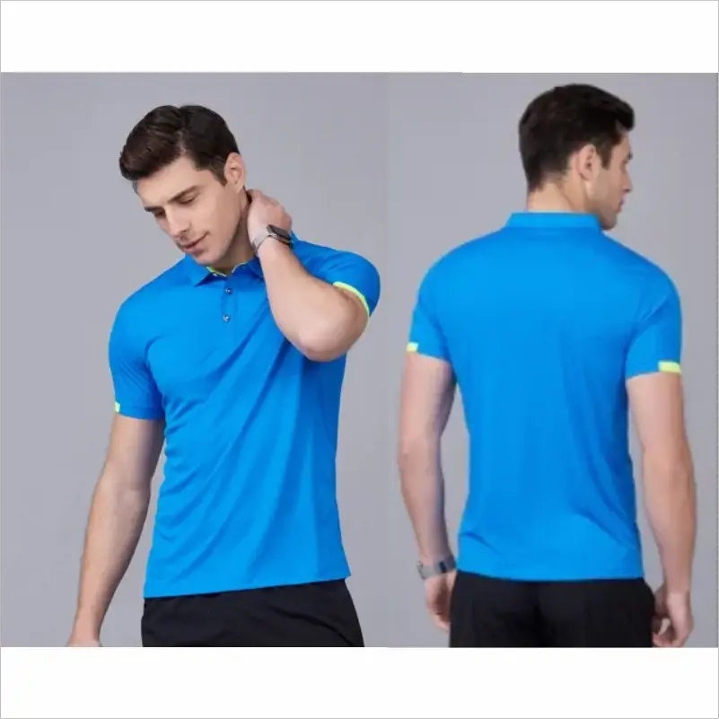 Summer quick-drying blue polo shirt with lime green trim, front and back views