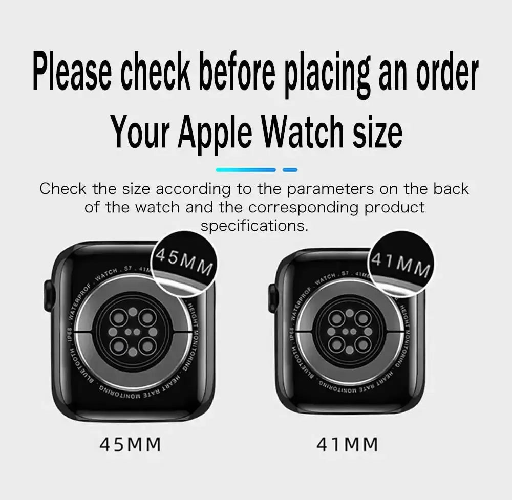Braided elastic nylon Apple Watch strap; size guide shows 45mm and 41mm watches.