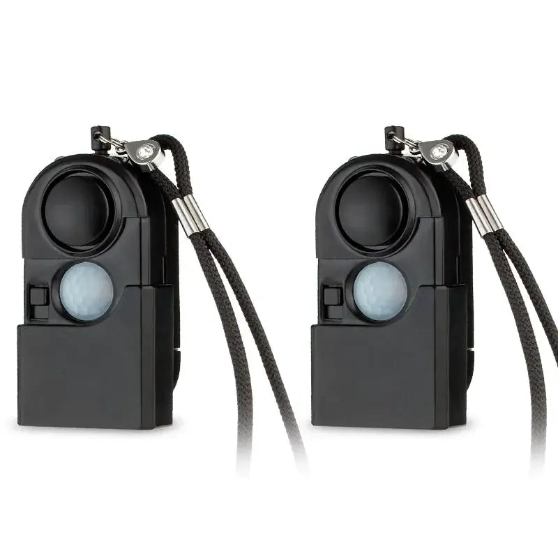 KERUI portable mini motion detector alarm; twin black devices with lanyard straps