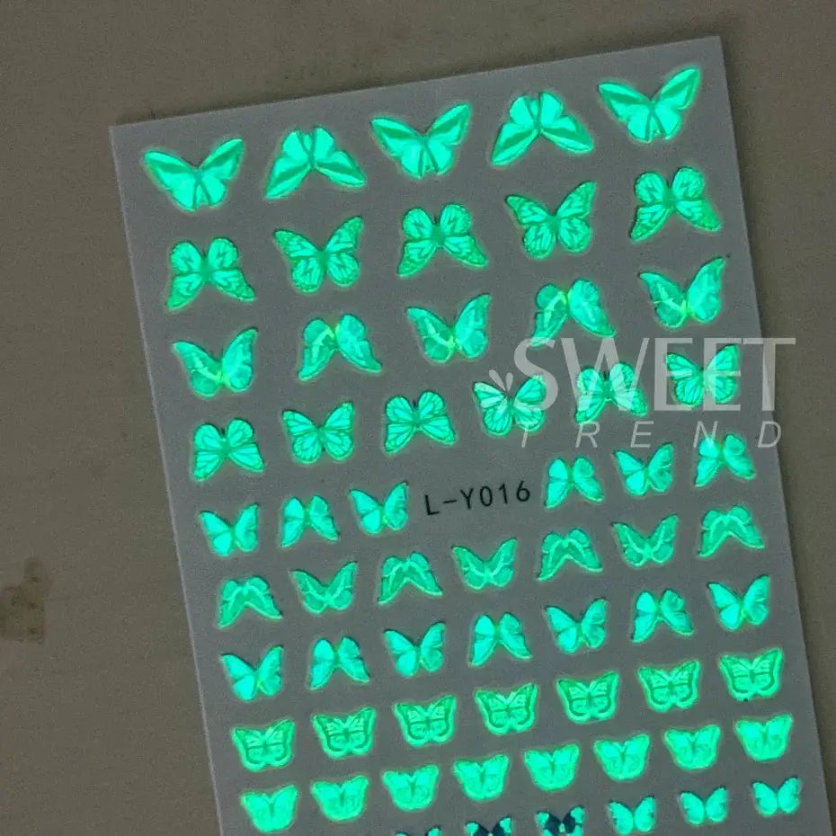 3pcs luminous butterfly nail decals sheet with neon green butterfly designs for glow-in-the-dark manicures
