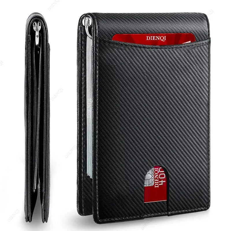 Synthetic leather black slim smart wallet for men with RFID blocking, DIENQI card visible in front pocket