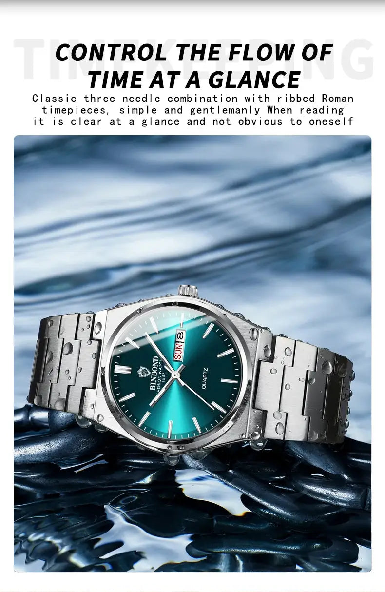 BINBOND men's stainless steel watch with teal dial, day-date window, waterproof quartz movement.