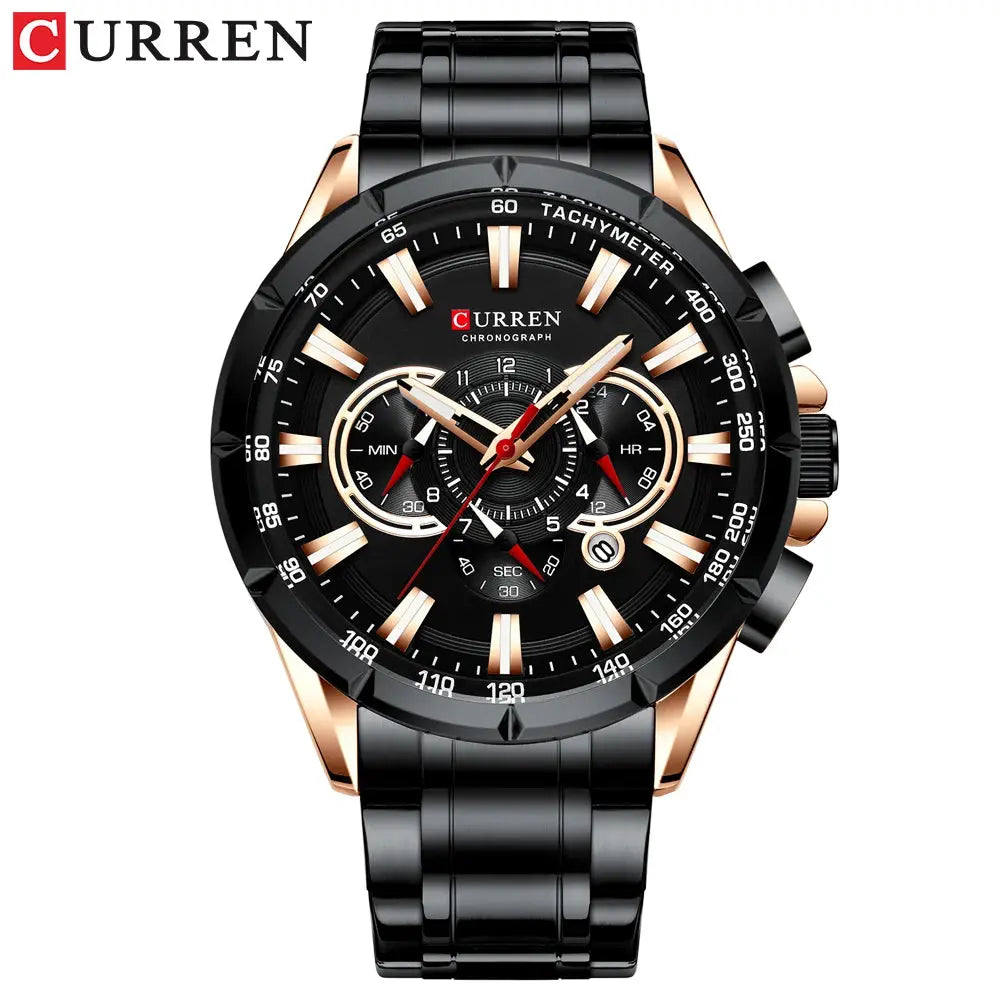 CURREN 8363 chronograph men's watch with black stainless steel band, large dial, and luminous pointers.