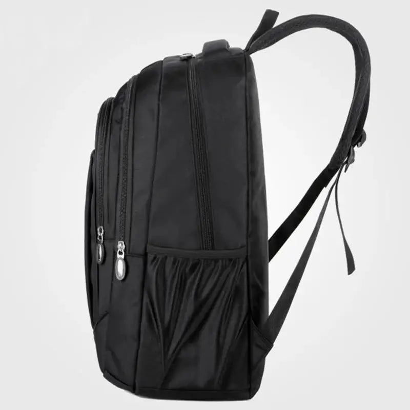 Black business casual laptop backpack with multiple zip compartments and a side pocket