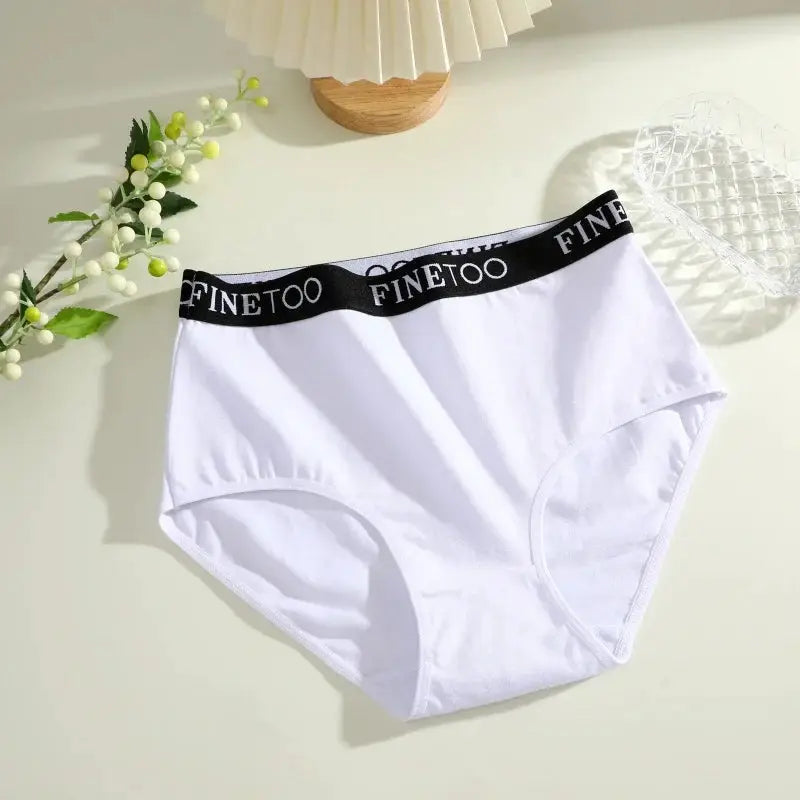 Finetoo white cotton briefs with black elastic waistband, low-rise underwear
