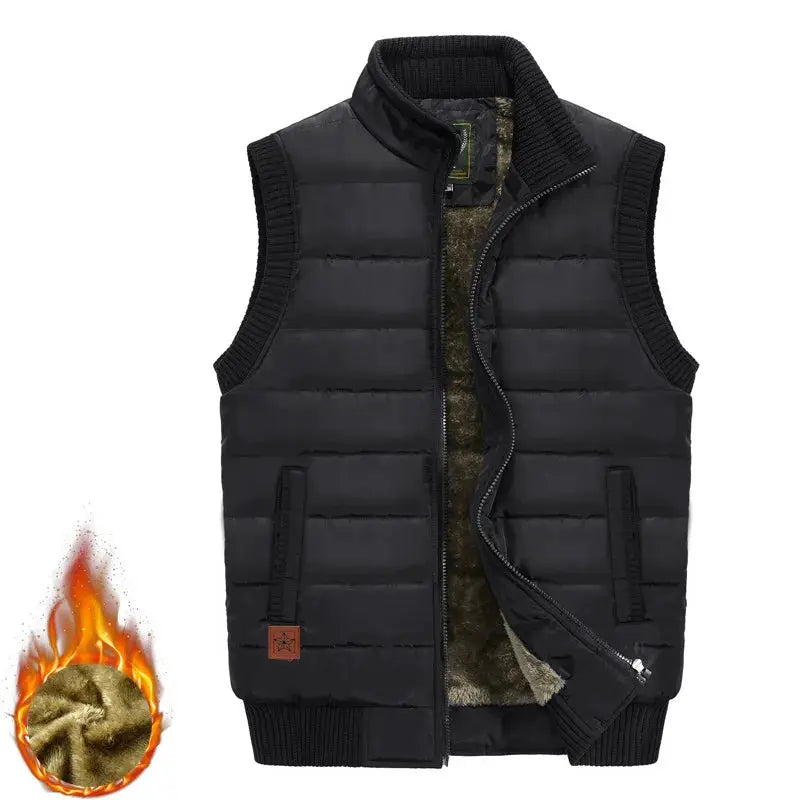Simples Market winter men's fleece-lined padded vest, black sleeveless with stand collar and zip front