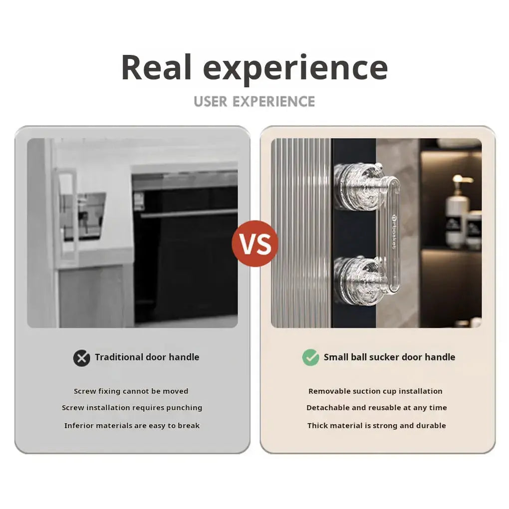 Simples Market transparent suction cup bathroom handrail; reusable door handle, shown with a traditional door handle