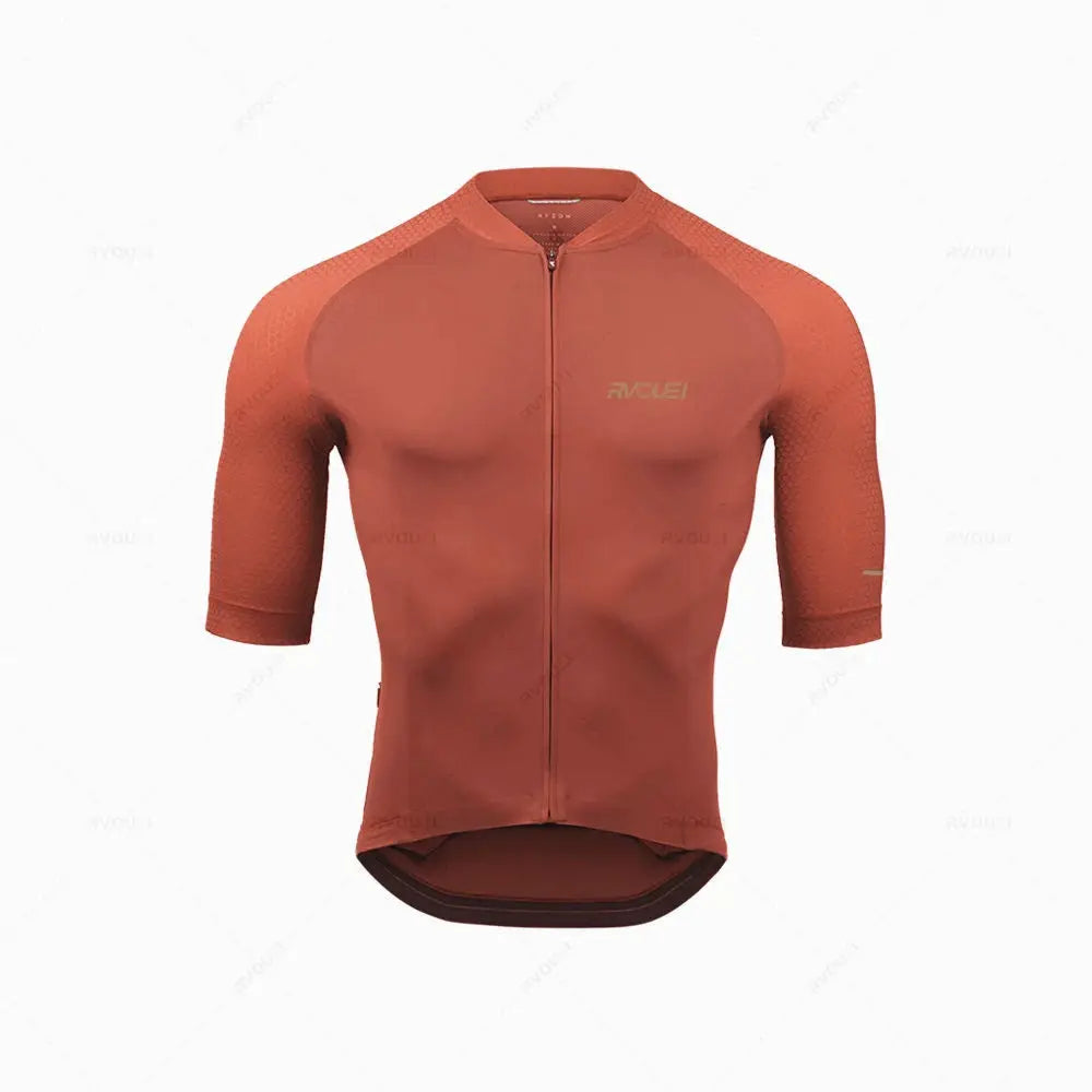 Rvouei Pro Team cycling jersey for men, burnt-orange breathable fabric with short sleeves and full-zip.