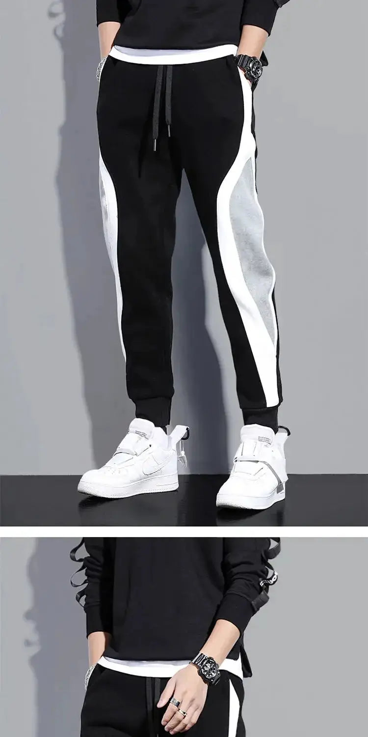 Autumn men's wide casual pants with white side panels and grey patches, black fabric, drawstring waist