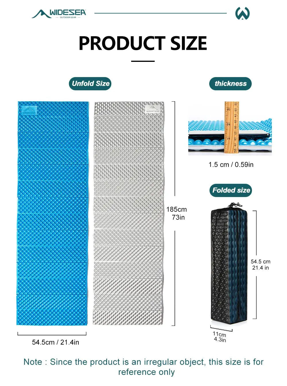 2 Simples Market ultralight folding egg-nest camping foam pads, blue and silver, with storage bag; 185 cm long.