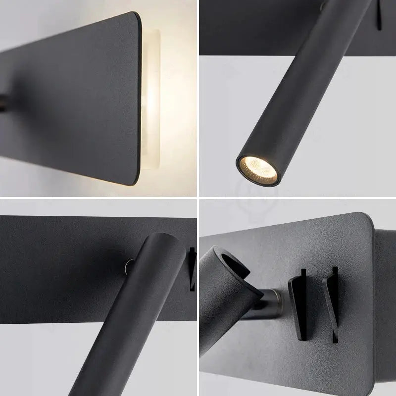 LED wall reading lamp by Simples Market, minimalist black bedside sconce with rotatable cylindrical head