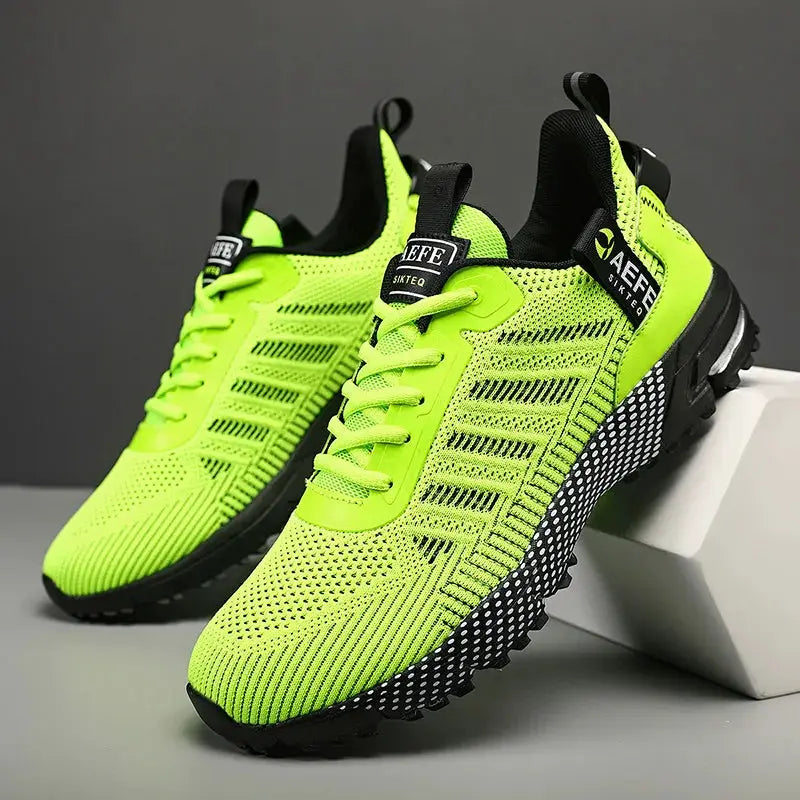 Simples Market neon green breathable men's running shoes with knit upper and black speckled outsole pair