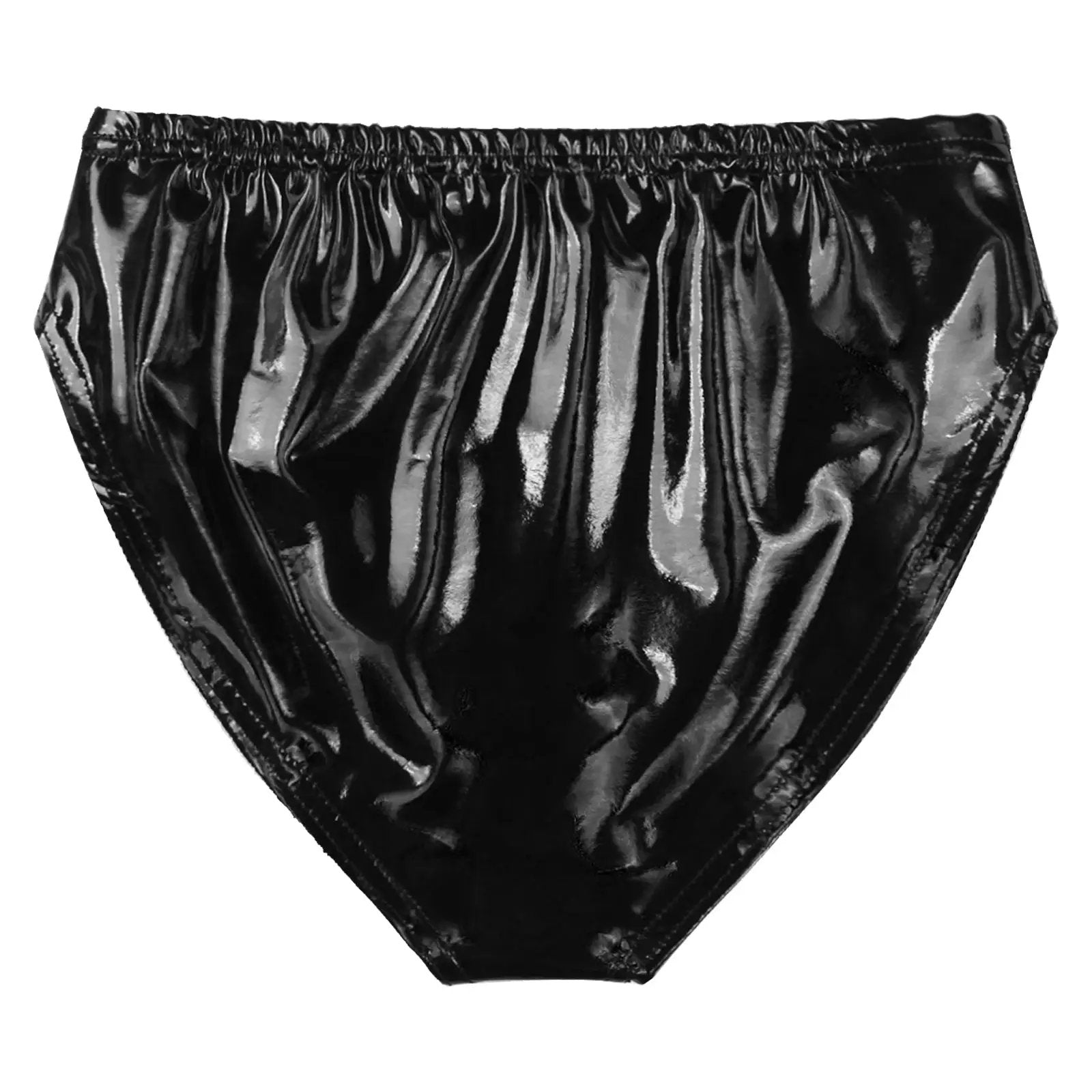 Simples Market womens wet-look patent leather briefs, black low-waist underwear.
