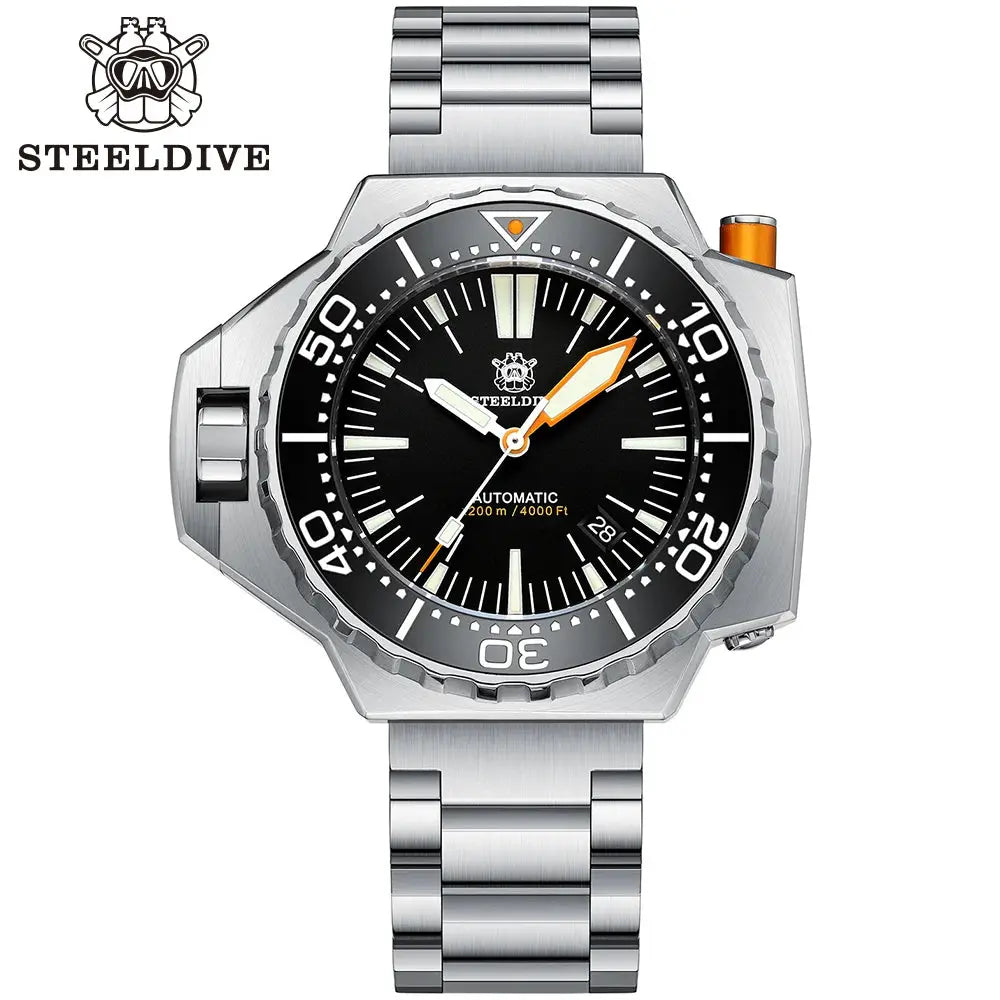 Steeldive Proplof SD1969 V3 56mm dive watch with stainless steel bracelet, black dial and orange accents