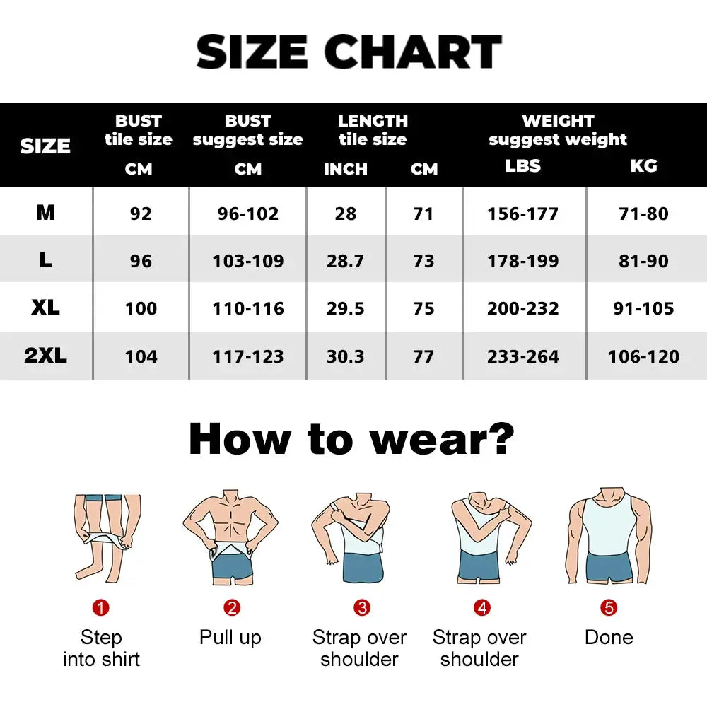 Simples Market men's chest compression shirt size chart (M–2XL) with step-by-step how-to-wear guide.